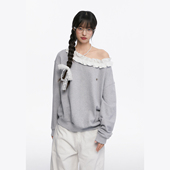 长袖 King Prince花边一字肩宽松小众卫衣T恤女收腰显瘦秋季 上衣女