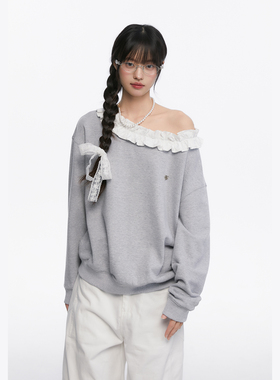 King Prince花边一字肩宽松小众卫衣T恤女收腰显瘦秋季长袖上衣女