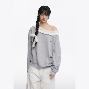 上衣女 长袖 King Prince花边一字肩宽松小众卫衣T恤女收腰显瘦秋季