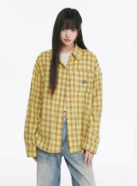 King Prince黄色格子长袖衬衫女秋韩系宽松百搭防晒格纹衬衣外套