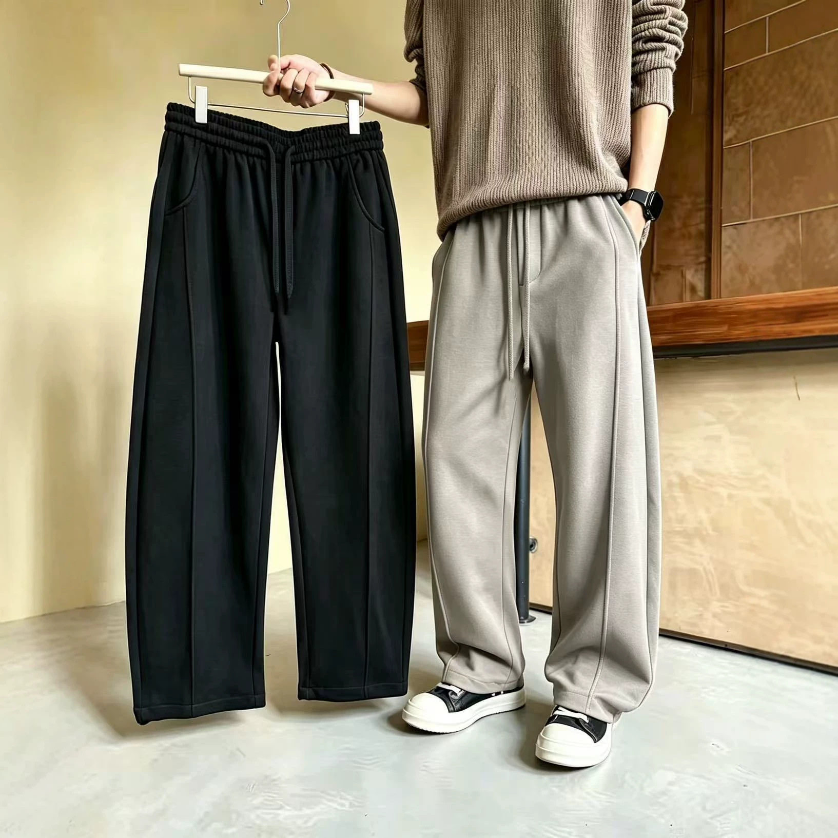 欧戴斯时尚秋款压线弯刀男神裤秋冬新款显瘦百搭松紧腰男士休闲裤
