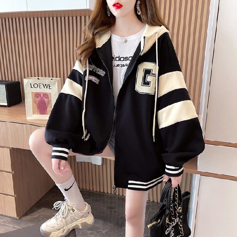 美式开衫卫衣女秋冬2022新款棉质潮牌大码连帽棒球服百搭上衣外套