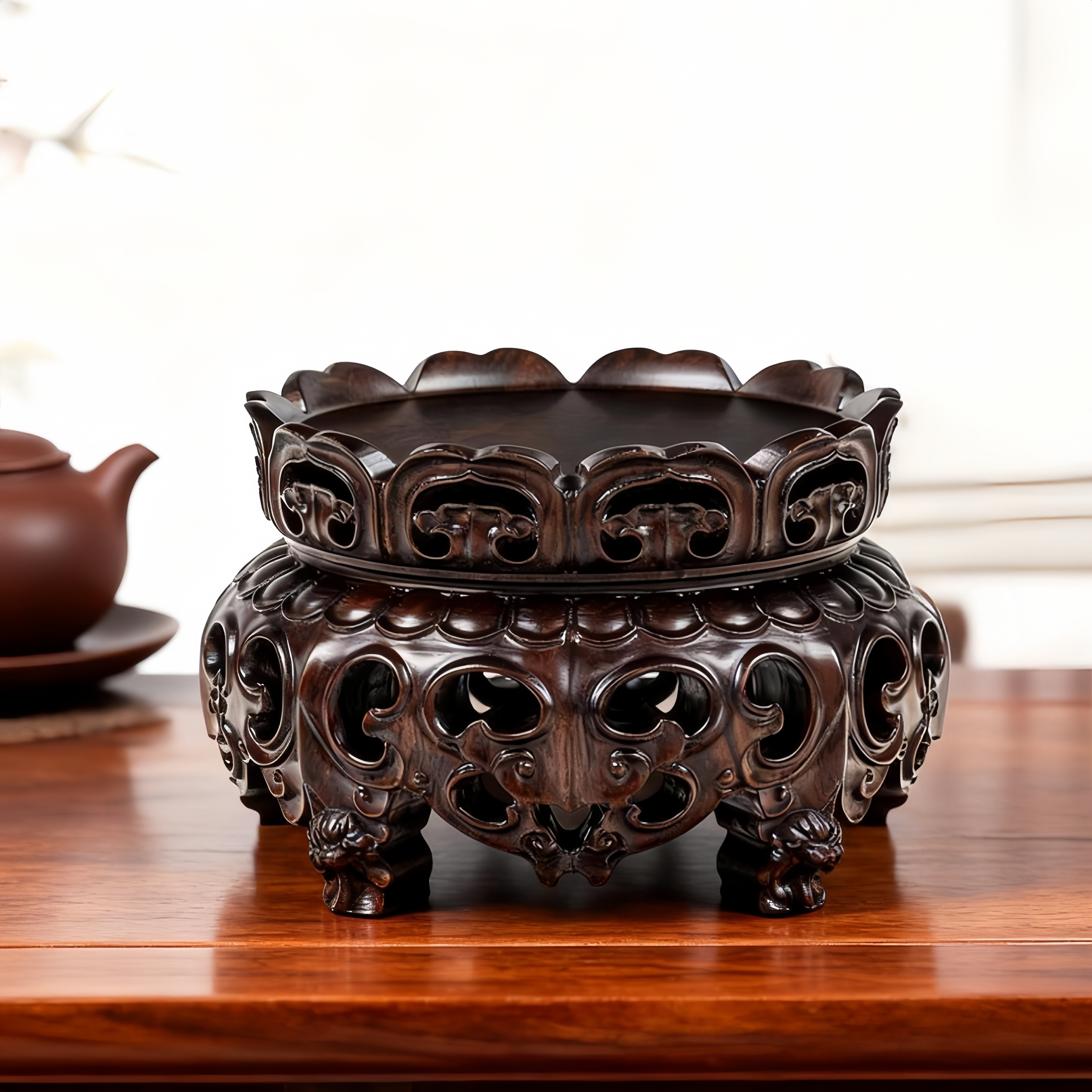 实木非洲黑檀整木镂空茶壶盆景香炉玉石摆件展示加高底座盆栽木托