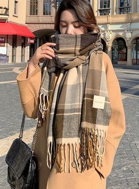 新款女百搭学生围脖保暖秋冬季披肩格子情侣显瘦加厚围巾Asai韩系