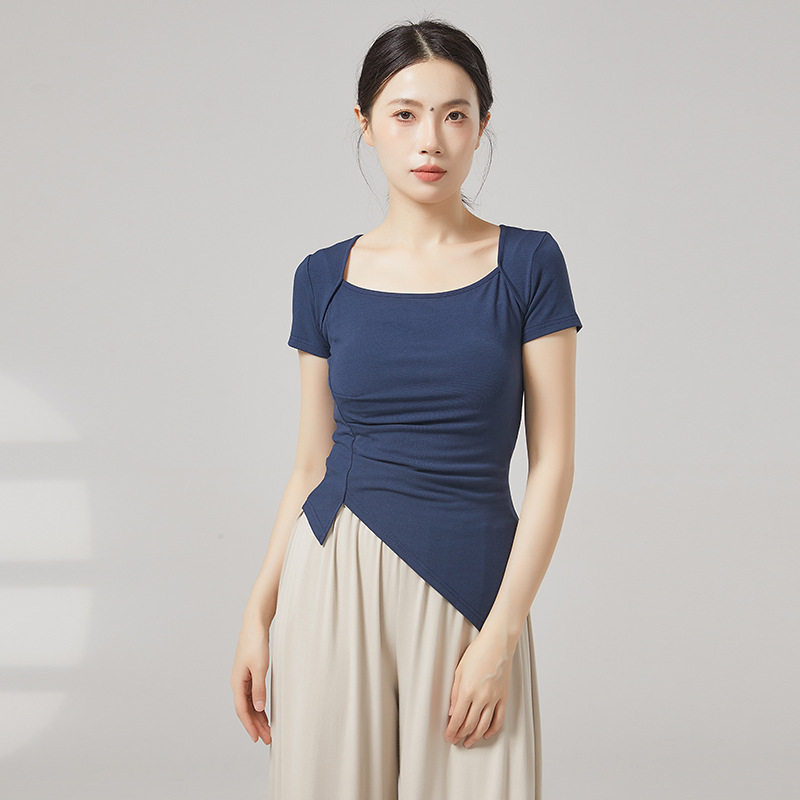 现代舞方领练功服女夏季短袖形体服上衣教师古典舞斜角演出舞蹈服