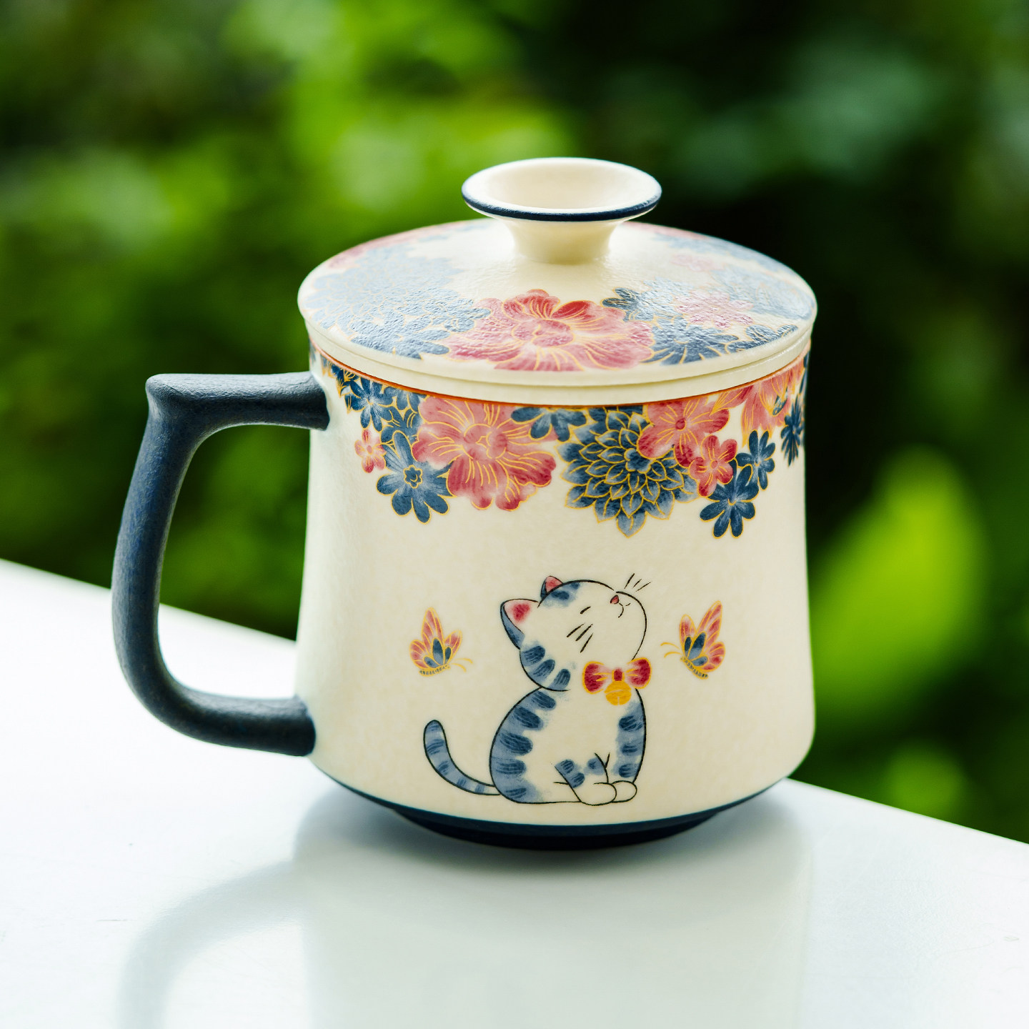 岩矿白陶瓷茶水分离杯蝶恋花萌猫杯子马克杯带盖办公室泡茶杯单杯