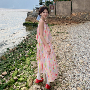 多巴胺彩色油画吊带背心女装夏季新款少女感A字半身裙子两件套装图片