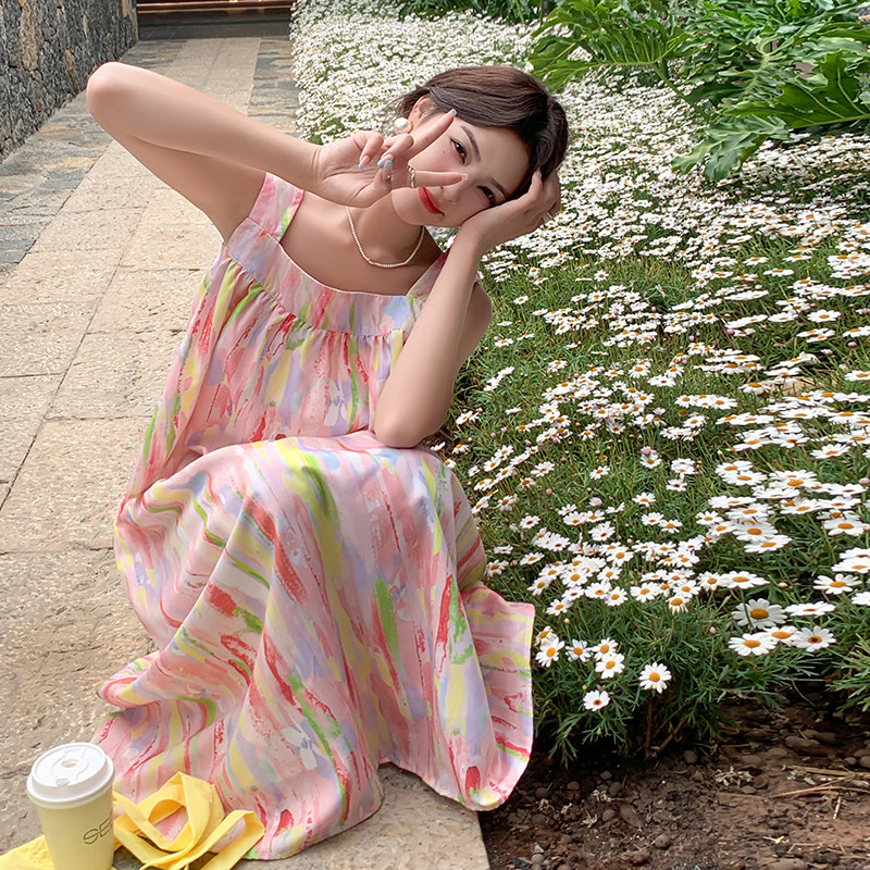 多巴胺彩色油画吊带背心女装夏季新款少女感A字半身裙子两件套装,女装套装/套裙,2C187