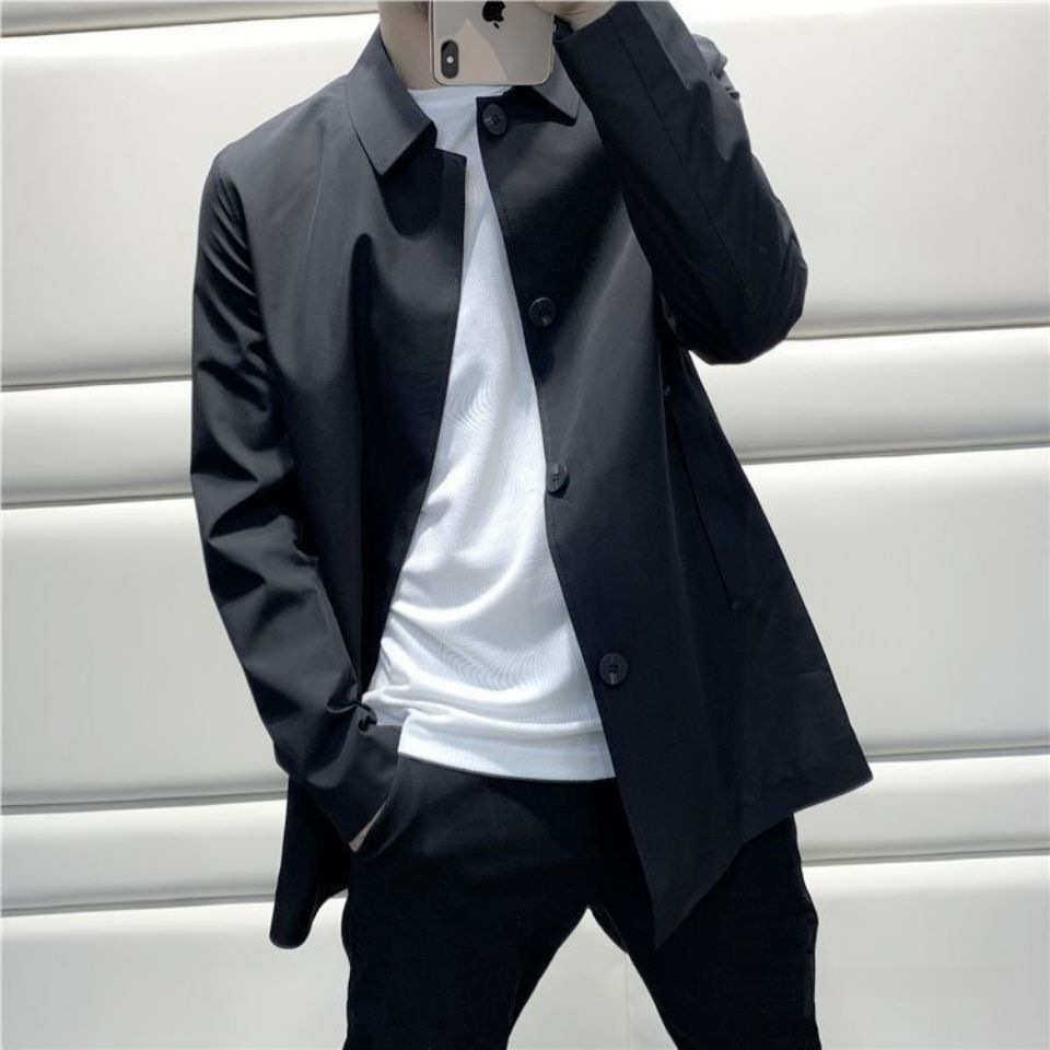春秋季新款时尚休闲宽松百搭常规帅气小翻领中长款风衣披风男
