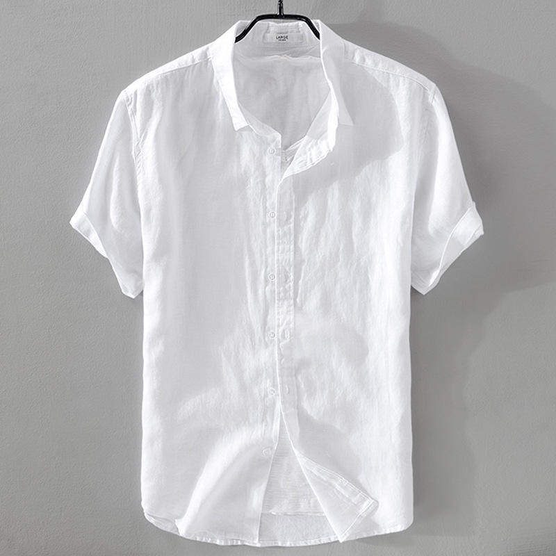 纯亚麻衬衫料白色衬衣棉麻布男装上衣服男款休闲夏装半袖透气