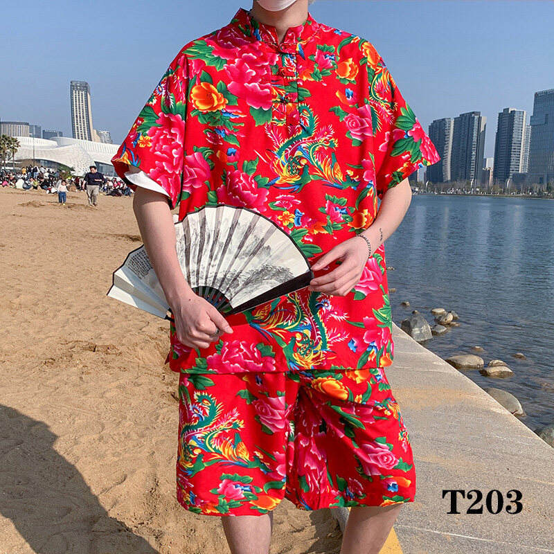 外贸工厂男士套装夏季东北大花新中式休闲短袖学生衬衫恤套装