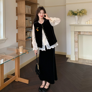【现货26春新款】丝绒马甲打底衫半身裙三件套 9828-P225 控368图片