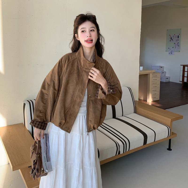26春新款麂皮绒格子拼接短款外套2B233-9821-P145238,女装短外套,2B233