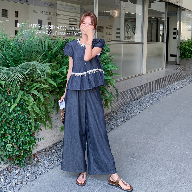 甜美牛仔衬衫阔腿裤套装女夏2025新款又酷又飒穿搭两件套大方得体，女装套装/套裙，美俪侎