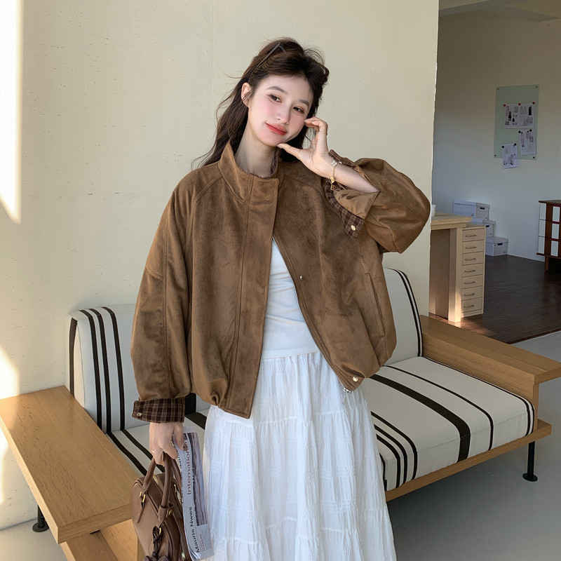 26春新款麂皮绒格子拼接短款外套2B233-9821-P145238,女装短外套,2B233