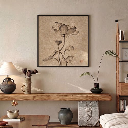 水墨荷花新中式客厅玄关挂画荷气生财禅意壁画宋代美学书房装饰画