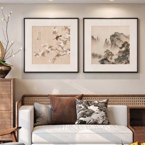 背有靠山宋代美学客厅装饰画新中式沙发背景墙挂画大白墙组合壁画