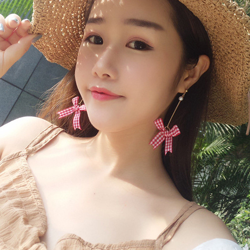 日系甜美软妹格子布蝴蝶结耳环韩国气质简约长款耳钉耳坠女