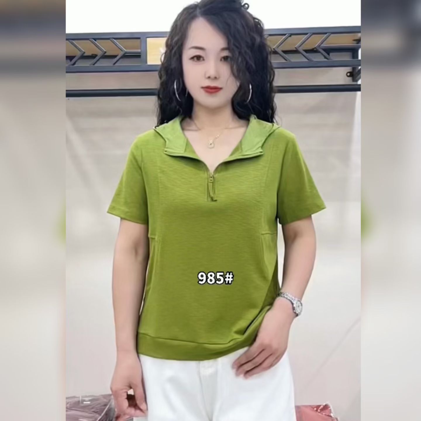 李明服饰985夏季新款雪花棉透气凉爽防晒女款连帽拉链短袖T恤