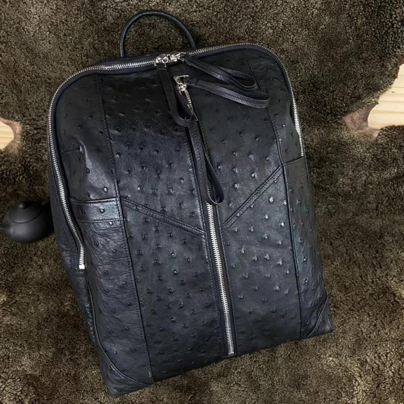 新款鸵鸟皮双肩背包男女士通用休闲百搭背包时尚潮流黑色真皮男包