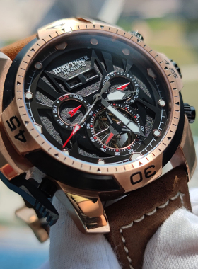 瑞夫泰格/RT男士手表真皮镂空潮流大表盘超强夜光创意男表机械表