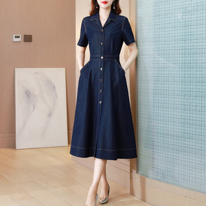 2026夏季新款短袖收腰显瘦POLO领天丝牛仔连衣裙女中长款A字长裙