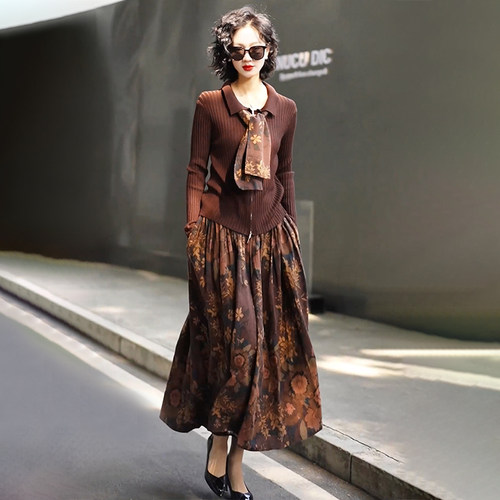 复古印花2025超火套装裙减龄气质