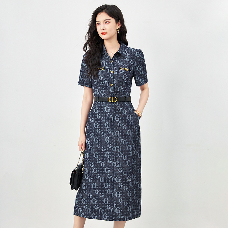 高端大牌字母提花牛仔连衣裙女2025夏季新款薄款收腰气质衬衫长裙