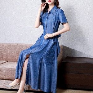 2026年夏天显瘦长裙重工刺绣天丝牛仔连衣裙女夏长款牛仔裙薄款