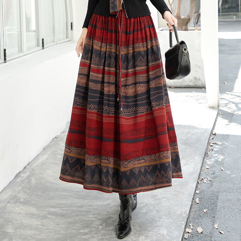 2025秋季新款复古印花半身裙女秋长款绝美巨好看的大摆裙子长裙