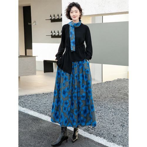 黑色时尚套装女2026春秋洋气系带小众设计感长袖上衣碎花裙两件套