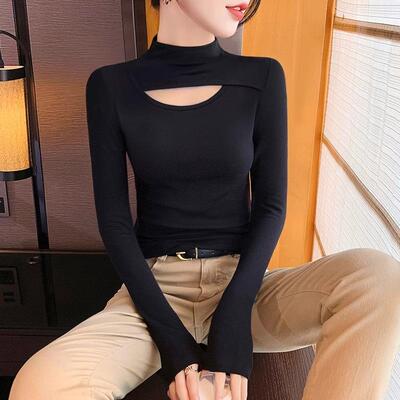 镂空半高领打底衫女内搭长袖t恤黑秋冬修身针织螺纹上衣外穿洋气