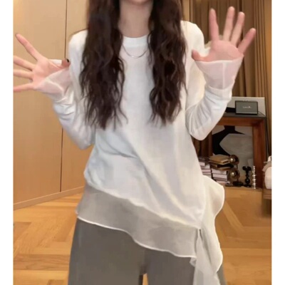 黑色网纱拼接女早春设计感不规则长袖中长款显瘦打底上衣10140