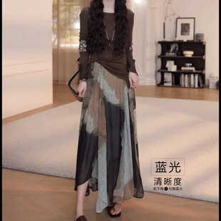 2026春夏新款绣花上衣氛围感复古印花不规则下摆半身裙套装10101