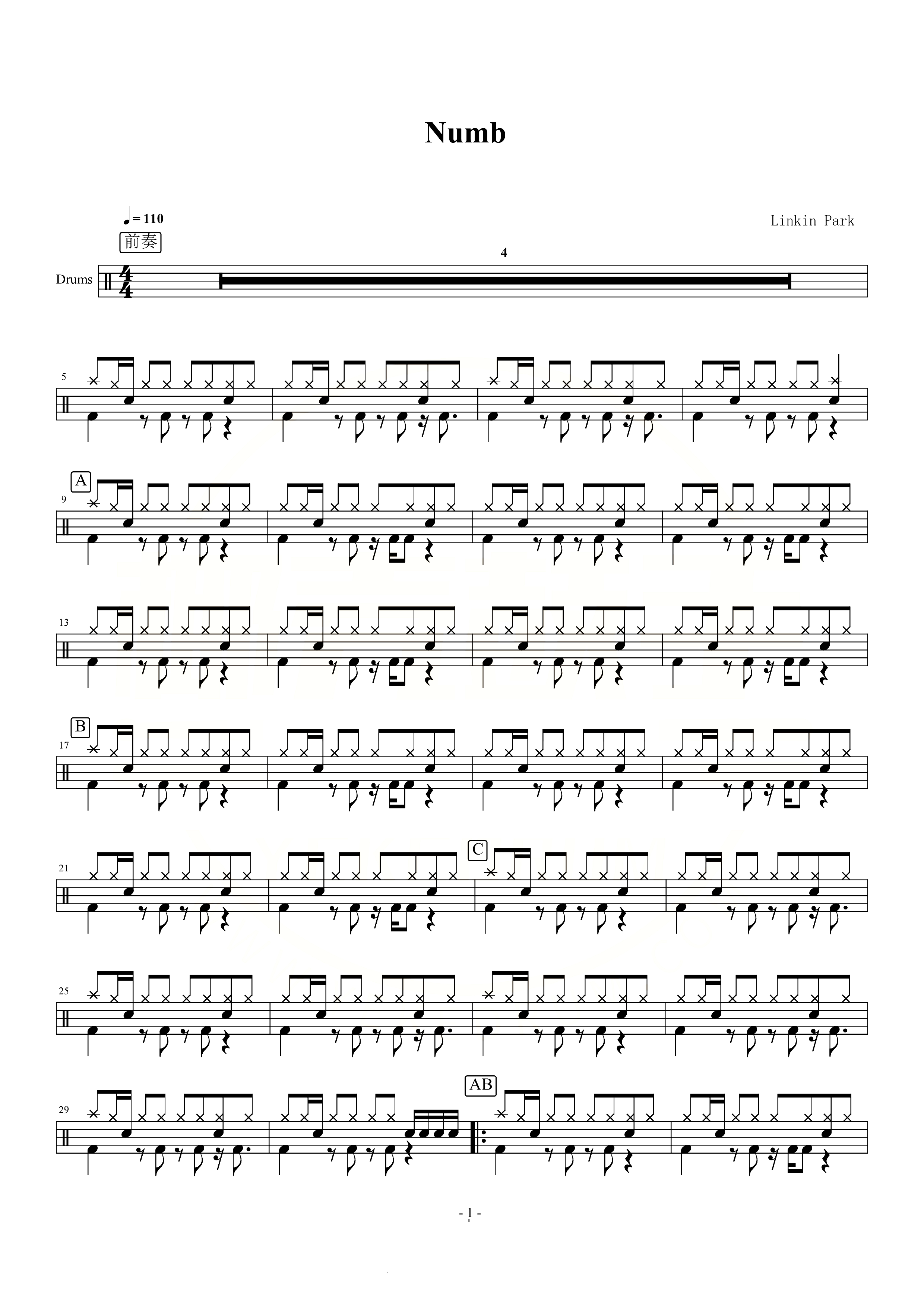 linkin park_numb 无鼓伴奏 动态谱 爵士鼓歌曲架子鼓