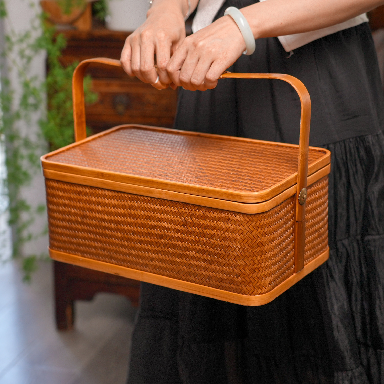 大漆竹编提篮茶具收纳盒收茶壶杯子纳筐筐带提手高货带把手内衬