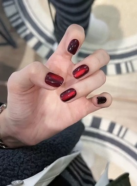 穿戴甲红色手工猫眼短款中长款日常2025新款高级感美甲指甲贴片