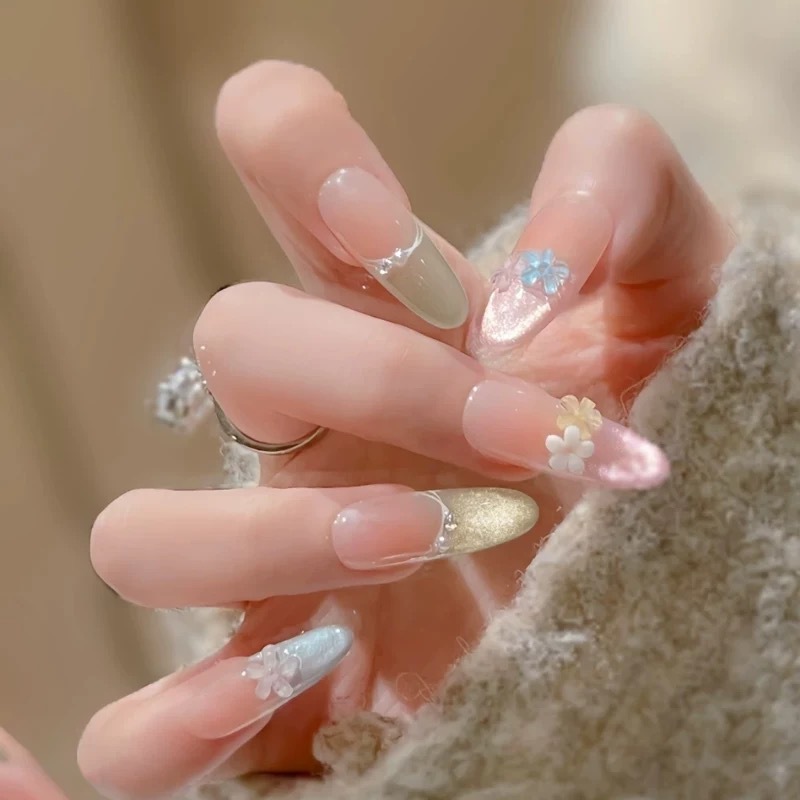 纯手工清透美甲穿戴甲杏仁中长款