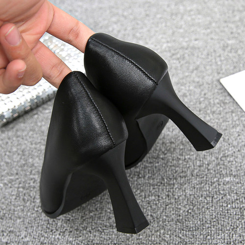 高跟鞋女春2026新款粗跟中跟软皮尖头浅口百搭黑色工作鞋女士单鞋