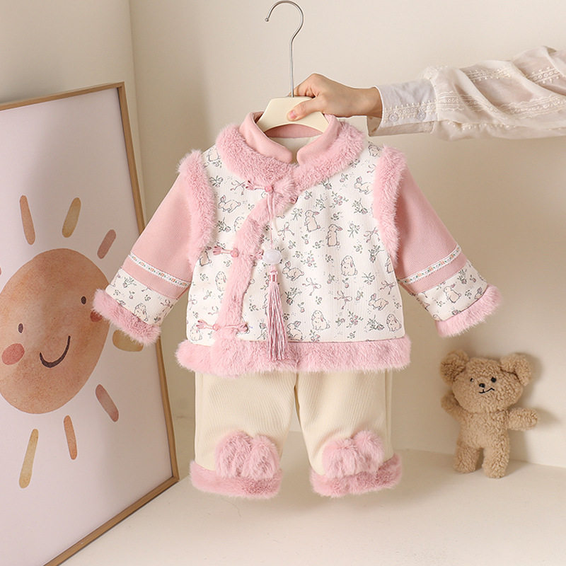 女童宝宝秋冬套装国风百天抓周岁宴礼服婴幼儿冬季保暖分体两件套