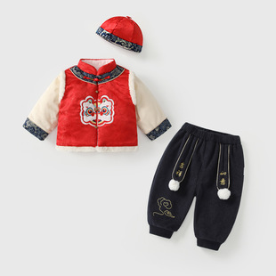 冬加厚 周岁礼服唐装 男宝宝新年过年拜年衣服冬装 棉服男童棉衣套装