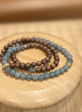 半山半水｜天然A货蓝水翡翠手链女款925银国风三圈手串珠老山檀木