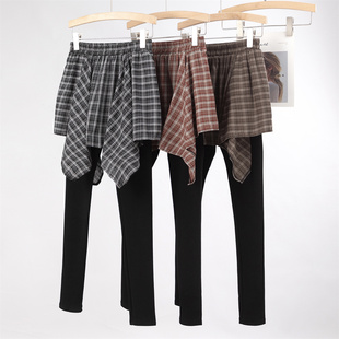 女 复古高腰短裙屁帘假两件打底裤 不规则格子半身裙裙裤 一体潮春季