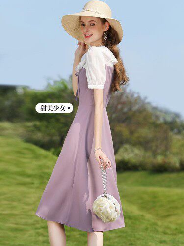 夏季连衣裙高腰a字裙法式茶歇裙连衣裙