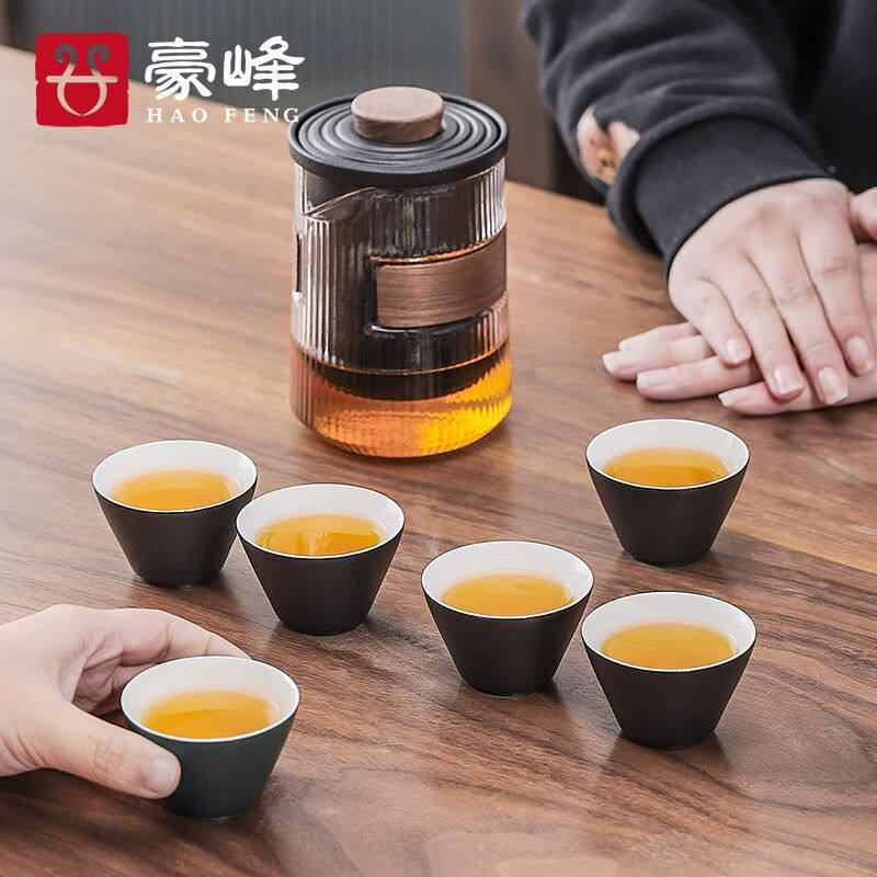 豪峰整套旅行功夫茶具套装家用玻璃茶壶带过滤陶瓷茶杯【黑】【玻