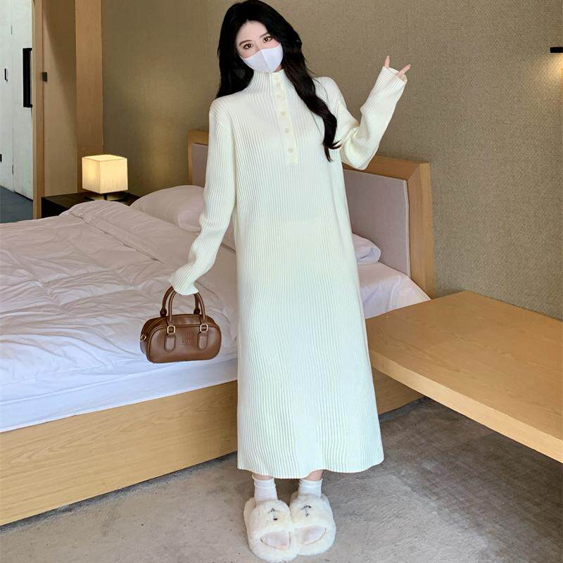 半高领针织连衣裙女秋冬季高个子打底内搭配大衣超长款毛衣裙长裙