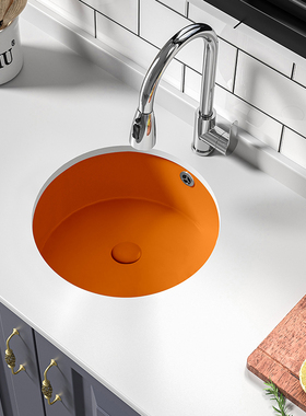 橙色正圆形陶瓷平底洗碗池大单槽洗手池嵌入式台下盆面盆菜盆水槽