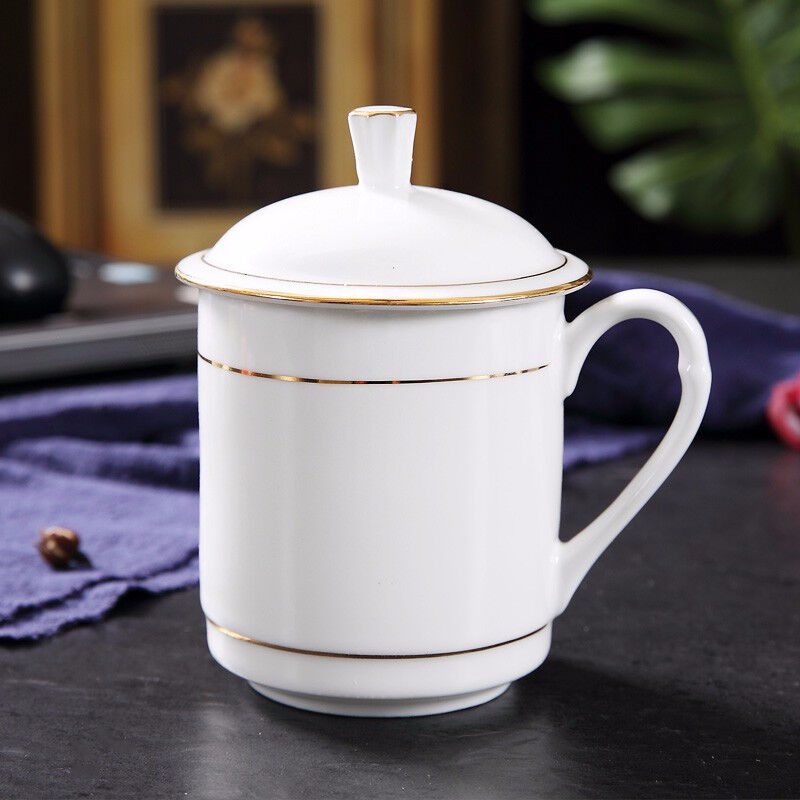天泽茶杯陶瓷办公杯会议骨瓷杯子景德镇办公白瓷杯带盖会议盖杯水