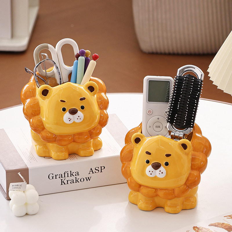 奶油风狮子陶瓷电视空调遥控器收纳盒客厅茶几高颜值摆件高级感