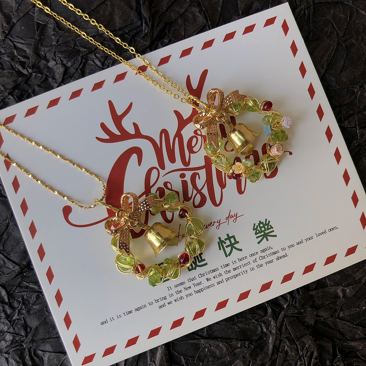 SUYI 圣诞花环 原创设计 绿色橄榄石手工绕线吊坠圣诞节闺蜜礼物